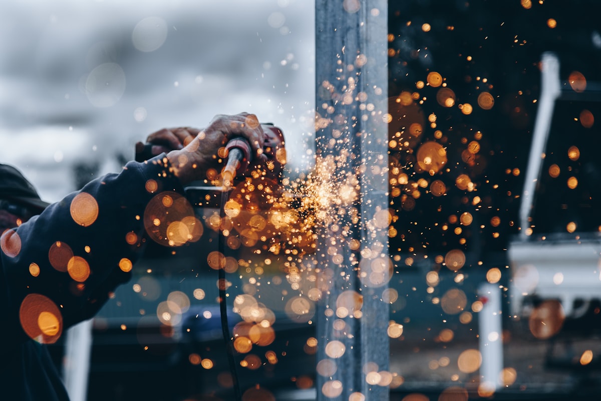Welding sparks at a steel fabrication site
